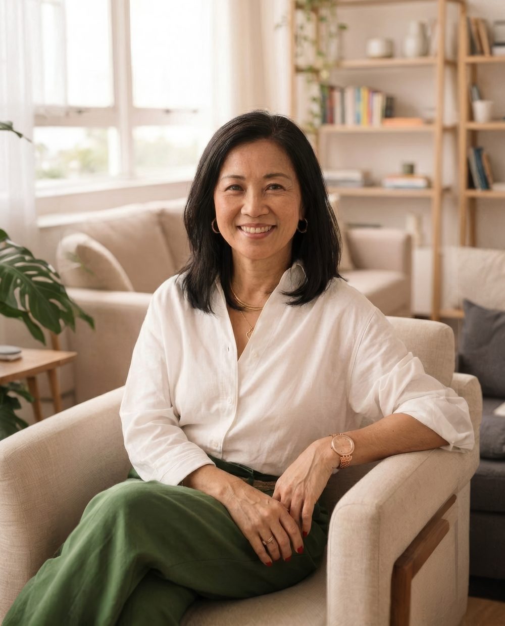 Mary-Dawn Liu, souriante, assise dans son espace de séance